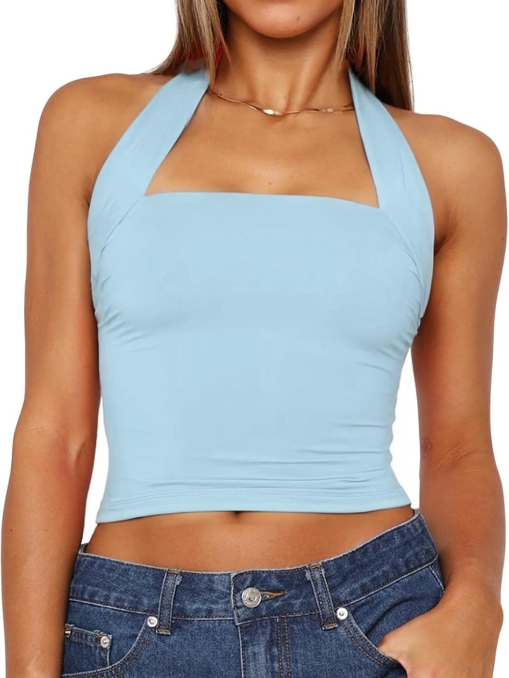 Light Blue Halter Crop Top - Women's Casual Tank